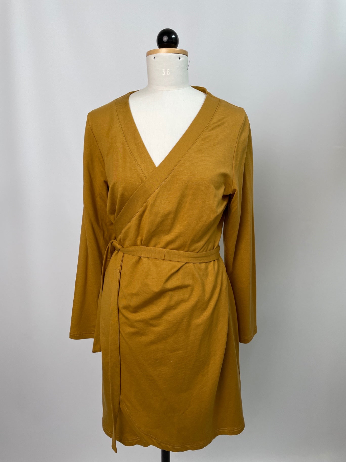 Wilma | langärmliges Wickelkleid | Tencelsweat senfgelb | Größe S | Second Love